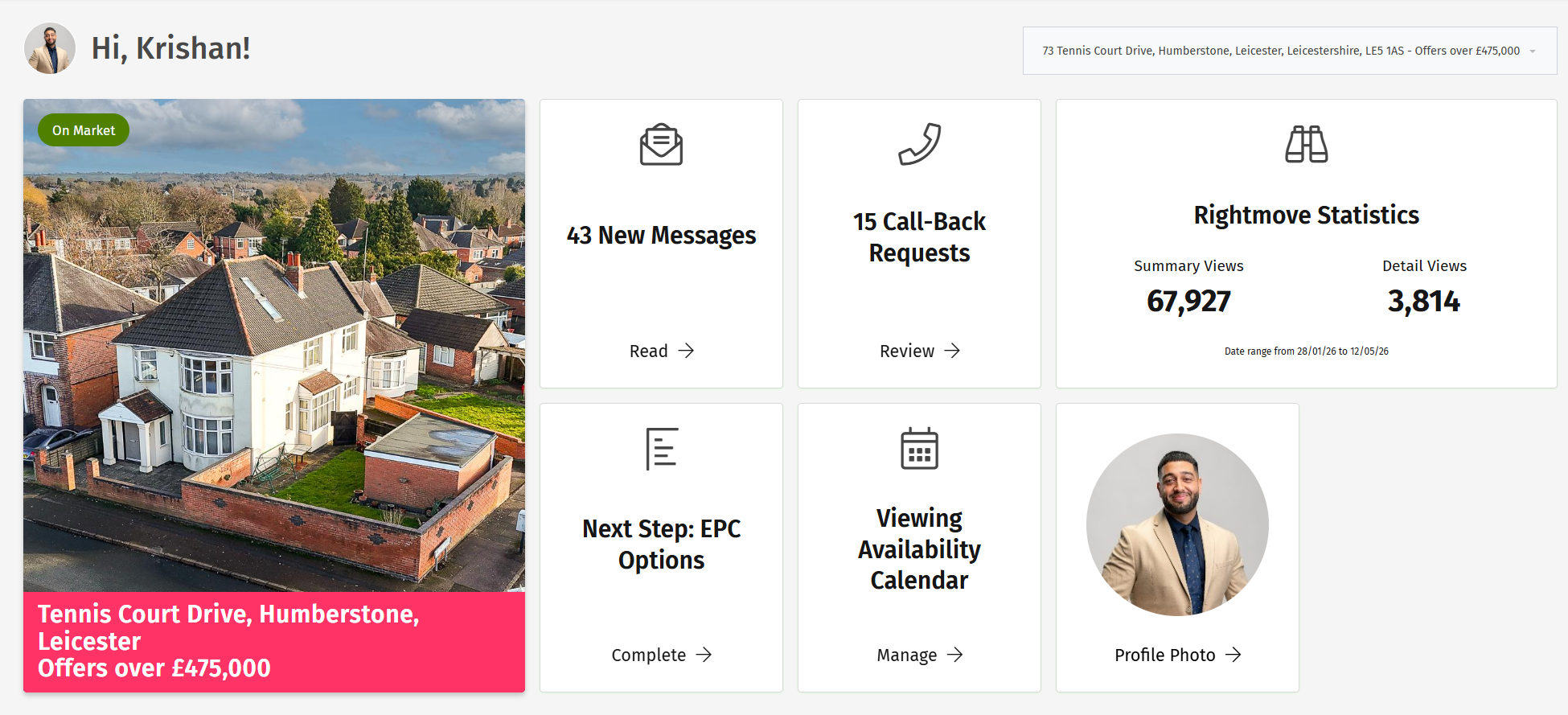 Krishan's Agreed associate dashboard — active listing at 73 Tennis Court Drive, Humberstone with enquiries, callbacks and Rightmove portal stats.